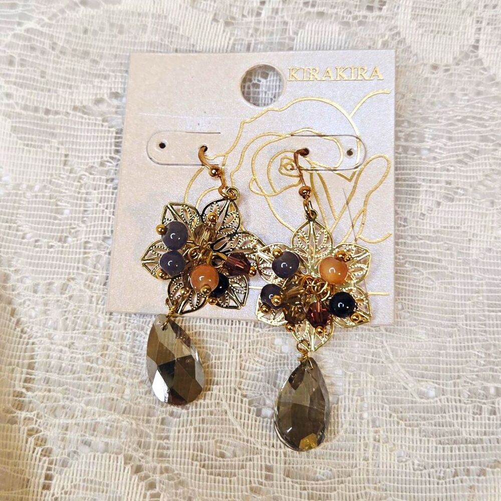 KIRAKIRA Black & Gold Floral Dangle Earrings Hook Lead Compliant CWE-0024